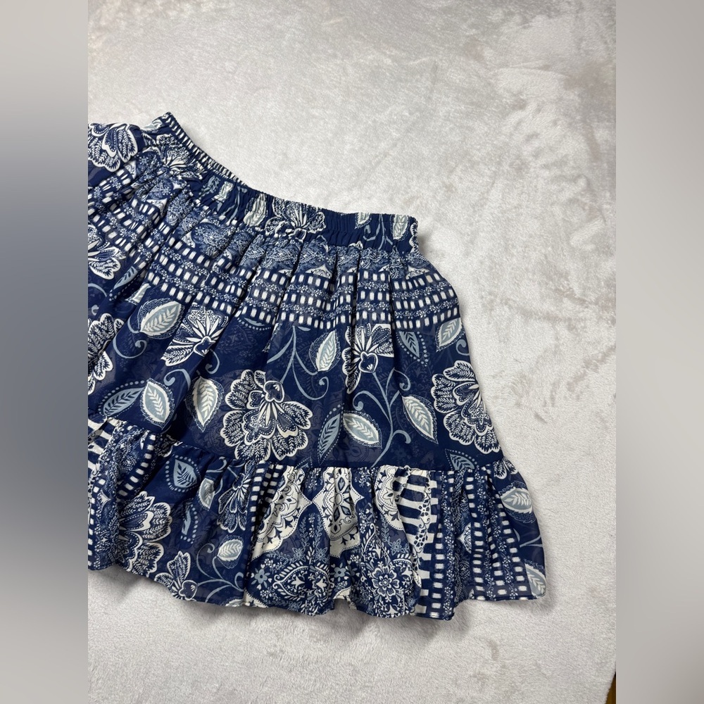 Misa Los Angeles Marion Navy Blue White Floral Paisley Ruffle Mini Skirt Small - Picture 5 of 12
